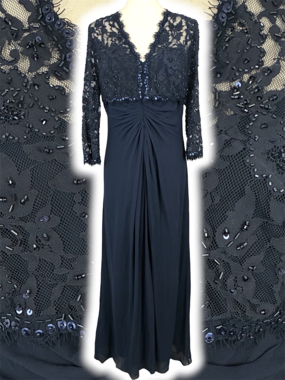 Tadashi Lace Silk Gown 14P Petite Navy Blue Floral Sequin Beaded Ruched Dress